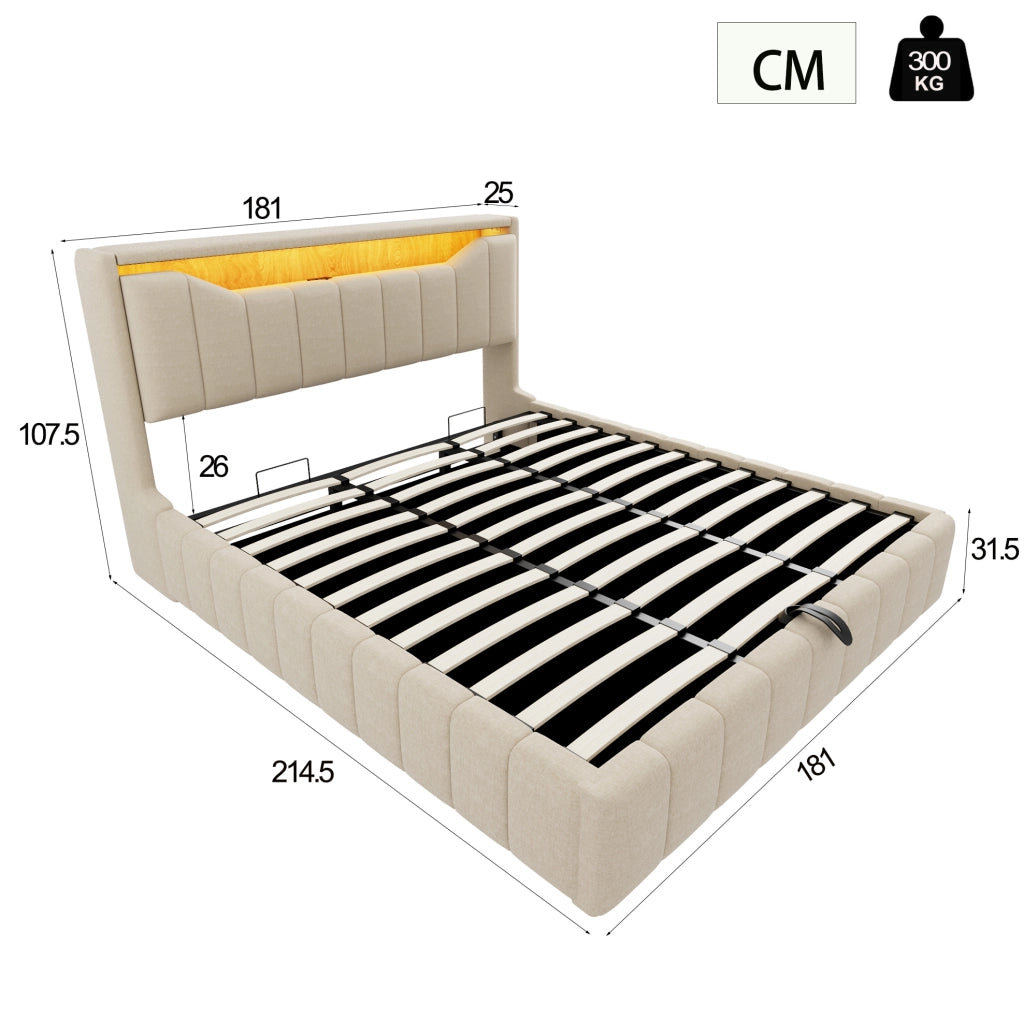 Letto contenitore ULEVR 180x200 cm con sistema idraulico, LED, USB e USB-C, rivestimento in tessuto beige