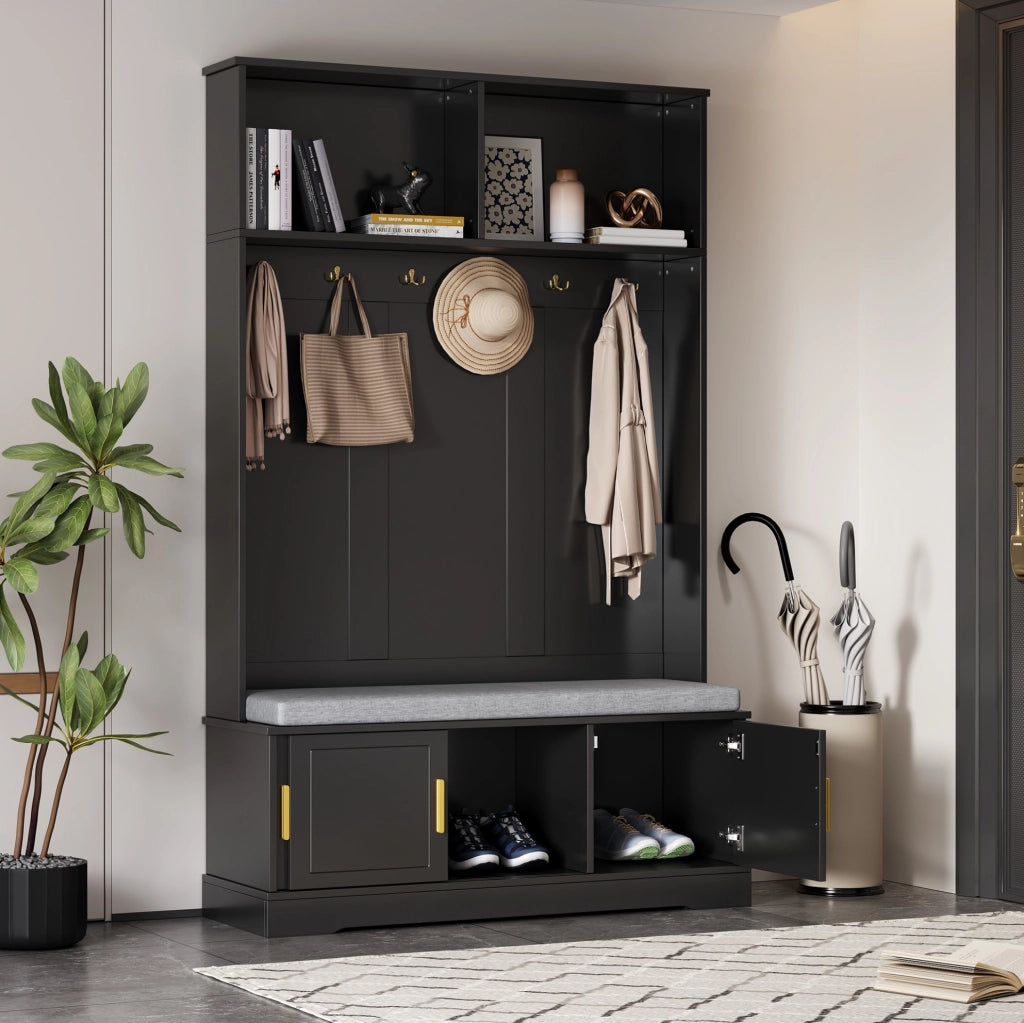Appendiabiti con panca e scarpiera 120x40x191 cm; 6 ganci; truciolare nero