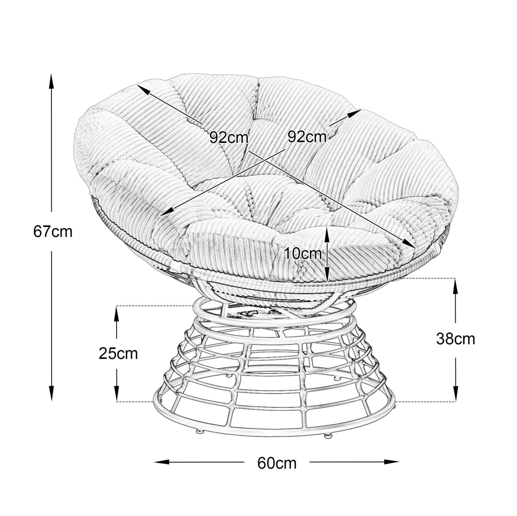 Sedia Papasan Ergonomica in Rattan con Cuscino Spesso e Girevole a 360°, Telaio Marrone e Cuscino Grigio in Velluto a Coste