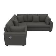 Divano angolare con LED, USB e USB-C, cuscini removibili in velluto a coste grigio, 198 × 198 × 83 cm