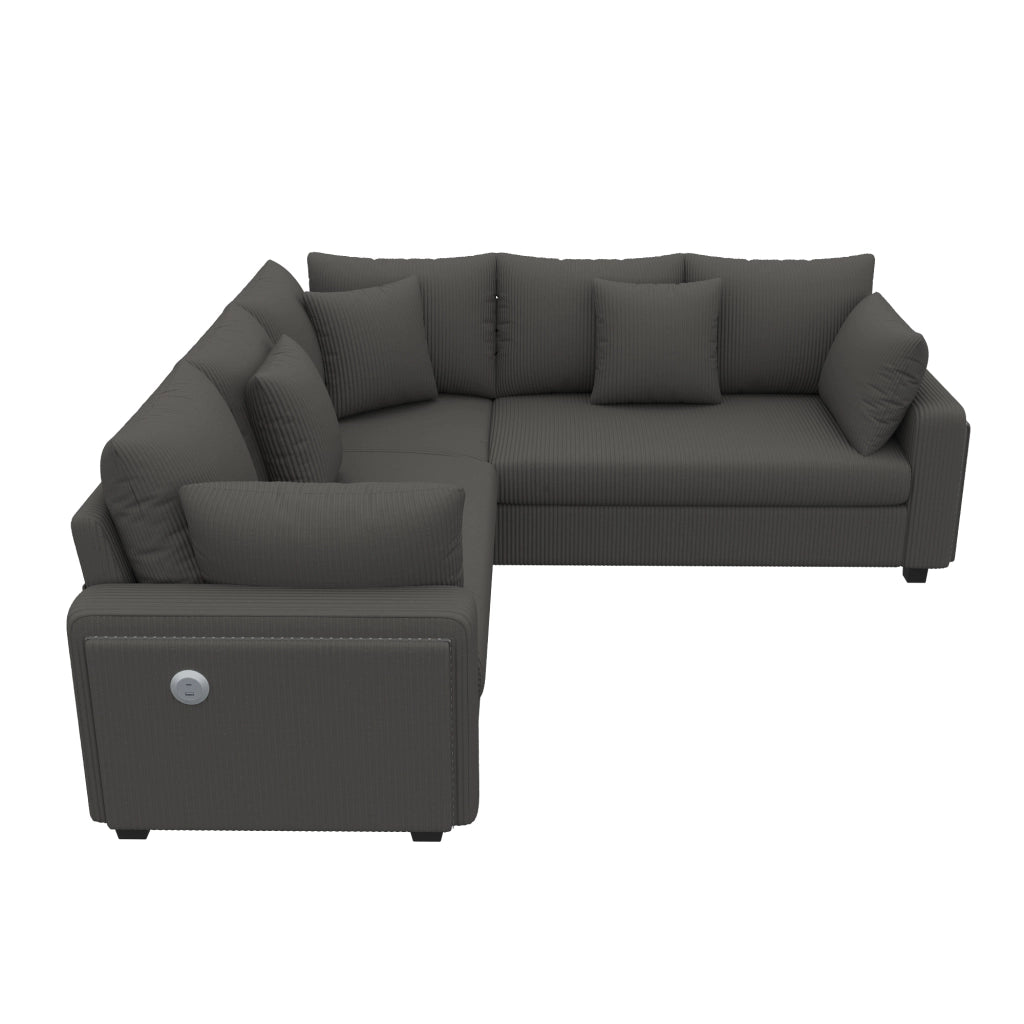 Divano angolare con LED, USB e USB-C, cuscini removibili in velluto a coste grigio, 198 × 198 × 83 cm