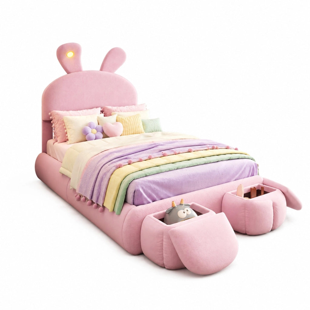 Letto imbottito singolo rosa con orecchie di coniglio e luci LED