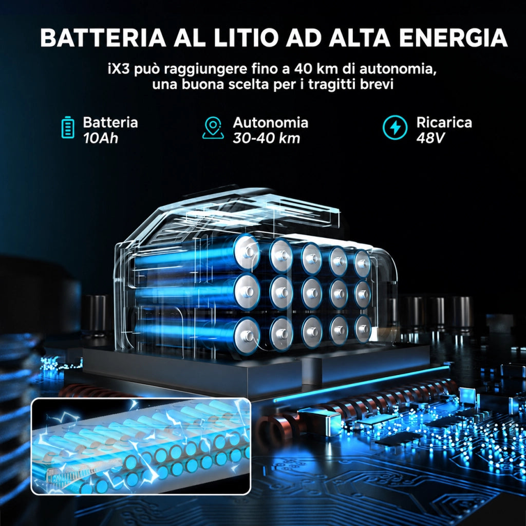 ix3 Monopattino Elettrico Pieghevole 800W; Batteria 48V 10Ah; Autonomia 30-40 km; Velocità 25 km/h; Pneumatici Off-Road da 10"; Doppia Sospensione; APP e Luci LED