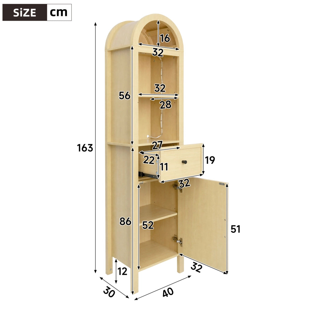Armadio alto da bagno 163 cm in MDF con LED RGB, anta reversibile e cassetto, colore legno naturale