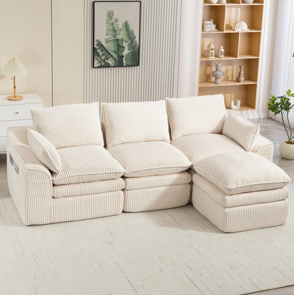Divano modulare 263x167x85 cm in velluto a coste beige, 3 posti