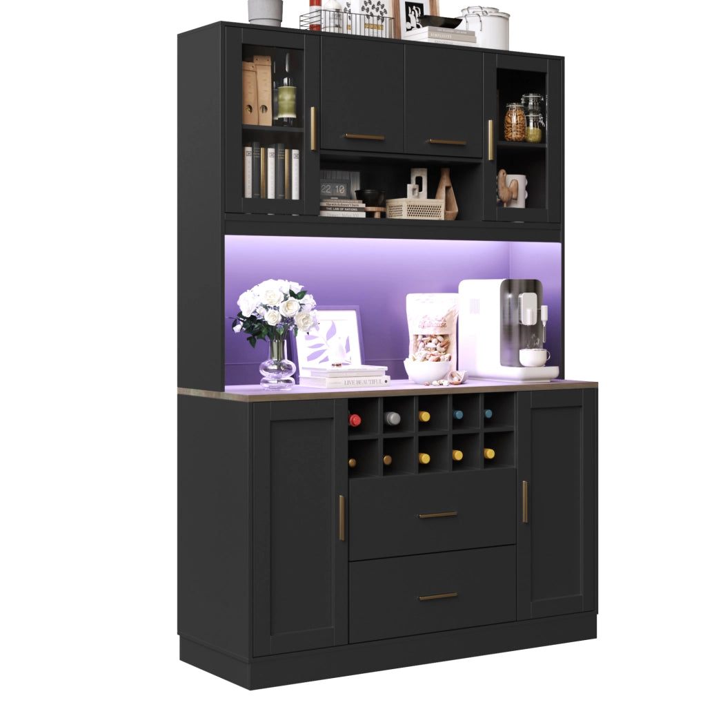 Credenza nera 120x36,3x180 cm con LED, prese USB e sei ante