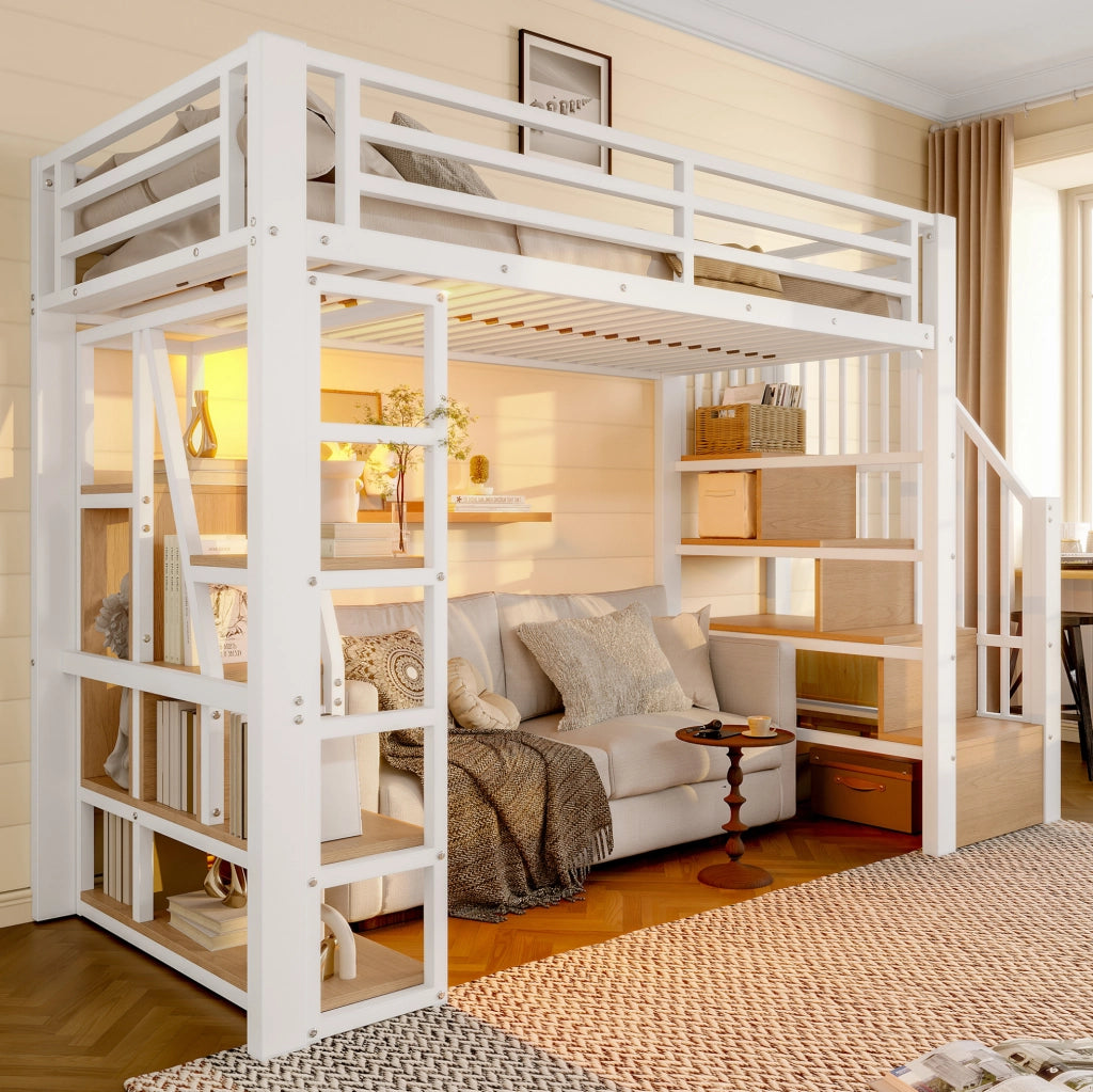Letto a soppalco per bambini 90x200 cm con LED; scaletta contenitore e ripiani; bianco