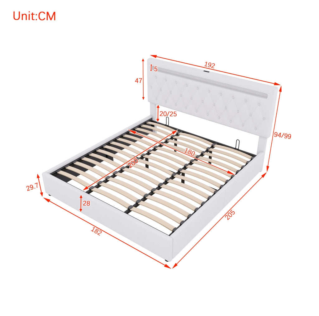 Letto matrimoniale imbottito 180x200 cm con sollevamento idraulico, illuminazione ambientale a LED e porta USB, colore bianco