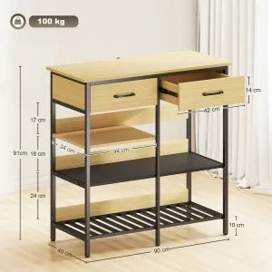 Sideboard in legno naturale con 2 cassetti e 3 ripiani aperti, 90x40x91 cm, per cucina e soggiorno