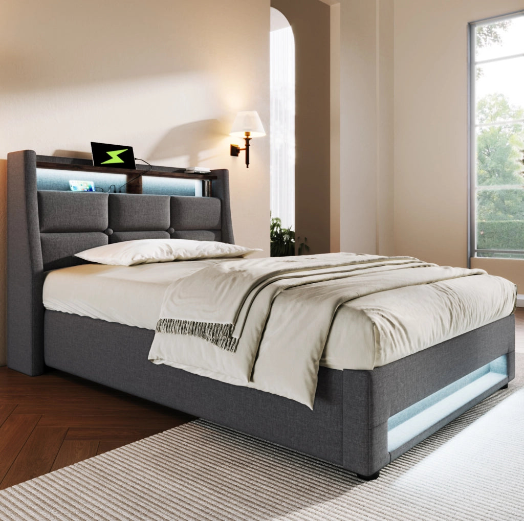 Letto imbottito 90x200 cm con LED; USB e contenitore; grigio
