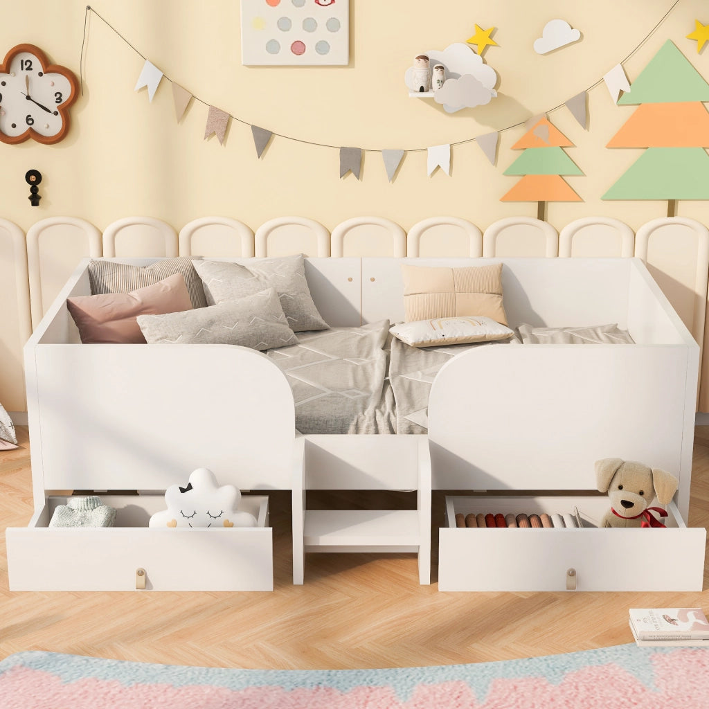 Letto con cassetti 90 × 200 cm con due grandi cassetti; sponde alte e scaletta; in MDF e compensato bianco