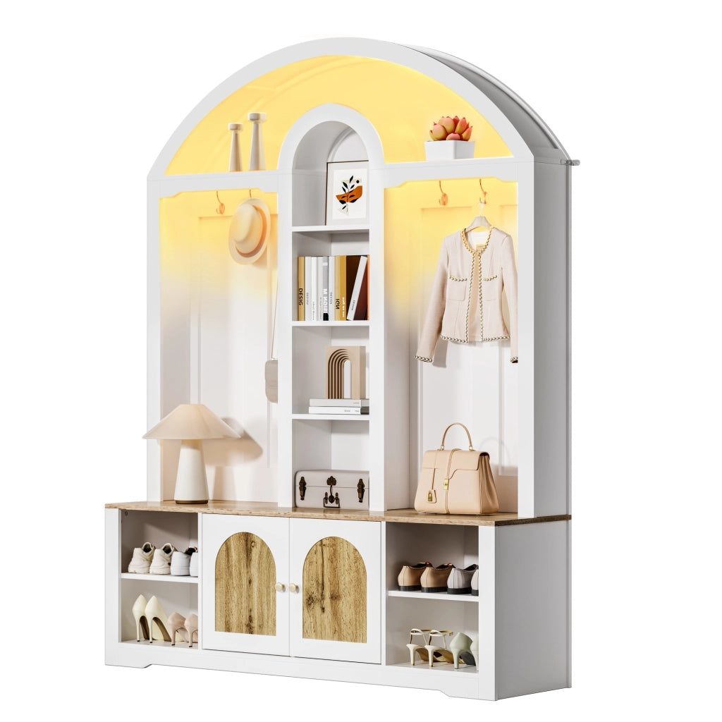 Mobile da ingresso con 2 Ante; 5 Vani; Ganci e LED per Ingresso in MDF 150 × 40 × 195 cm Bianco