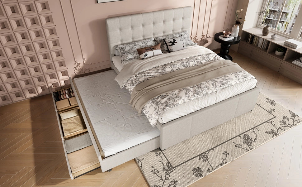 Letto imbottito matrimoniale 140 ¡Á 200 cm estraibile con tre cassetti testiera regolabile beige