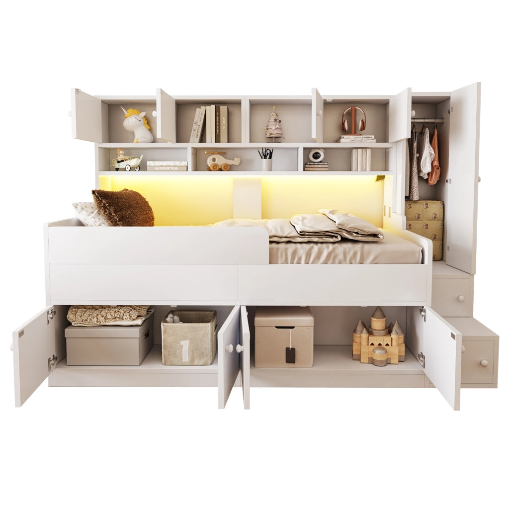 Letto a cabina bambino 90×200 cm con armadio, ripiani, scala contenitore e LED, senza materasso, legno, bianco