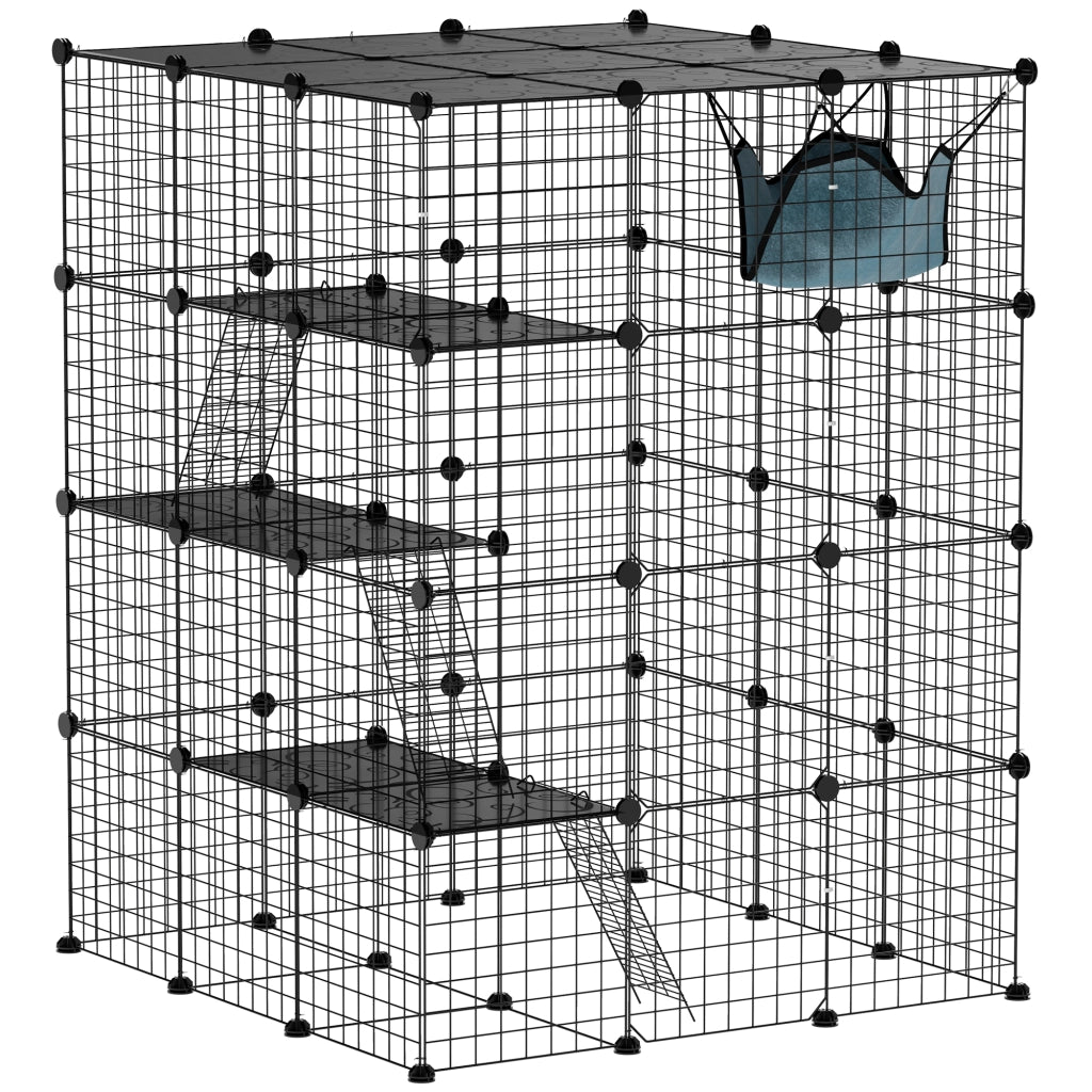 Gabbia per Gatti Modulabile a 4 Livelli con Piattaforme, Rampe e 5 Porte, in Acciaio e PP, 105x105x140 cm, Nero