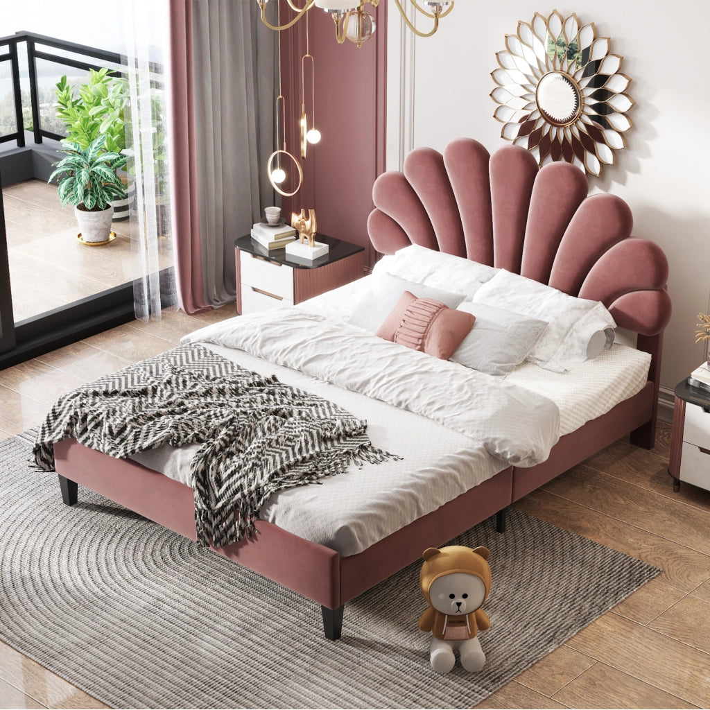 Letto matrimoniale imbottito 140 x 200 cm con testiera floreale; tessuto effetto velluto rosso fagiolo