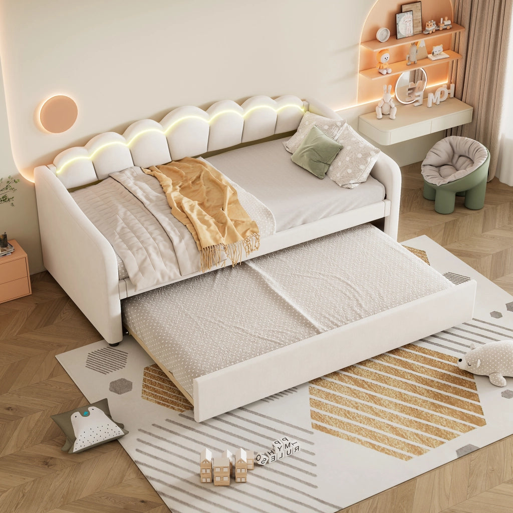 OKWISH Letto a Divano 90×200 cm, Letto Singolo con Letto Estraibile, LED Regolabile e Telecomando, senza Materasso, Velluto, Beige