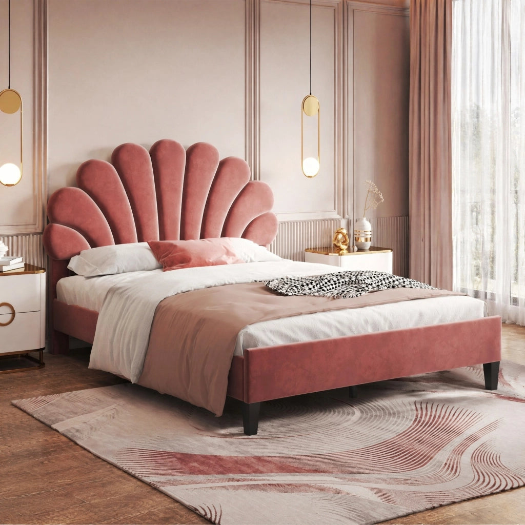 Letto matrimoniale imbottito 140 x 200 cm con testiera floreale; tessuto effetto velluto rosso fagiolo