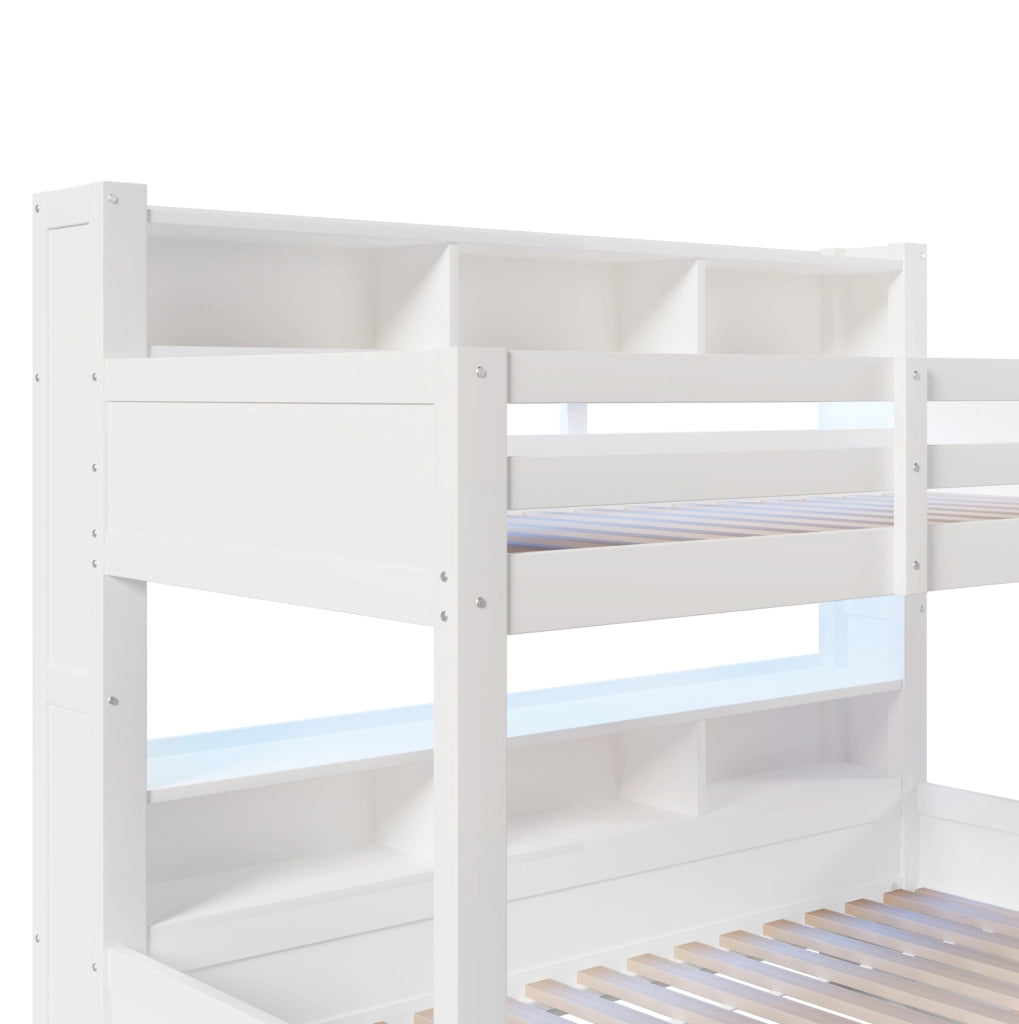 Letto a castello 90x200 e 140x200 cm con LED, cassetto e ripiani bianco