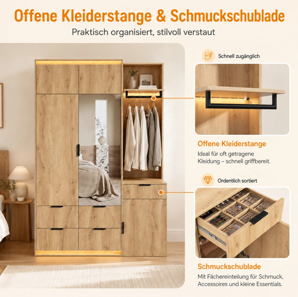 Set guardaroba con armadio 135x47x200 cm in MDF effetto quercia con LED integrati, specchio, 5 cassetti e 2 tubi appendiabiti, colore antracite