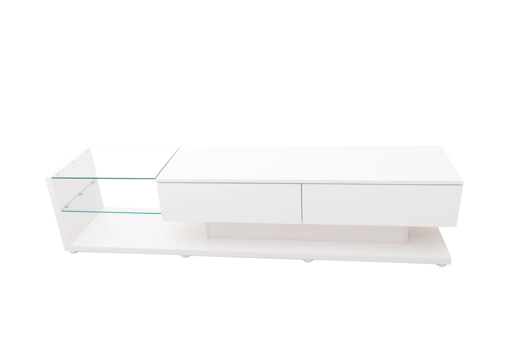 Mobile TV bianco lucido con LED regolabili e ampio spazio contenitivo, 170x38x36 cm