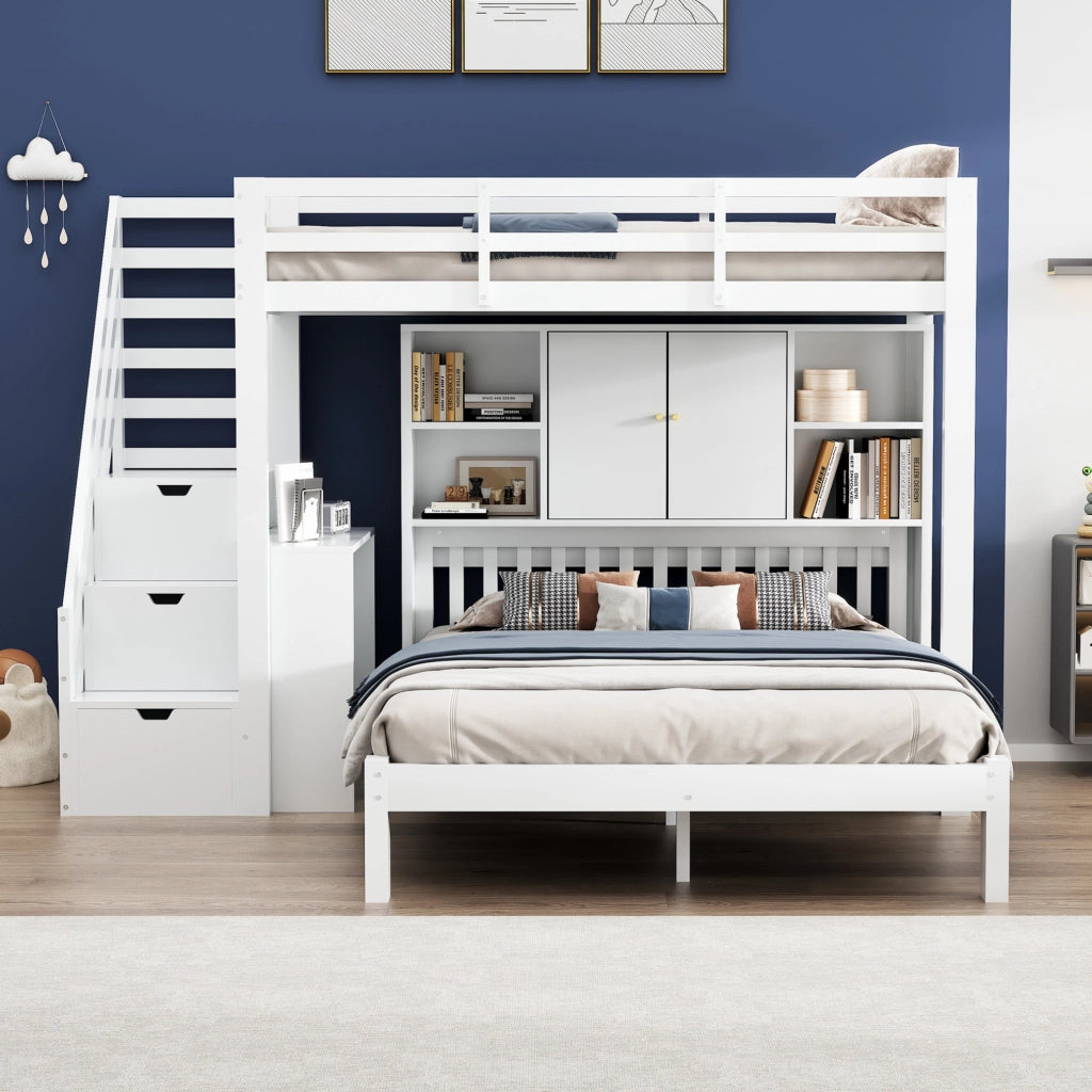 Letto a castello con scala contenitore, ripiani e tavolino mobile