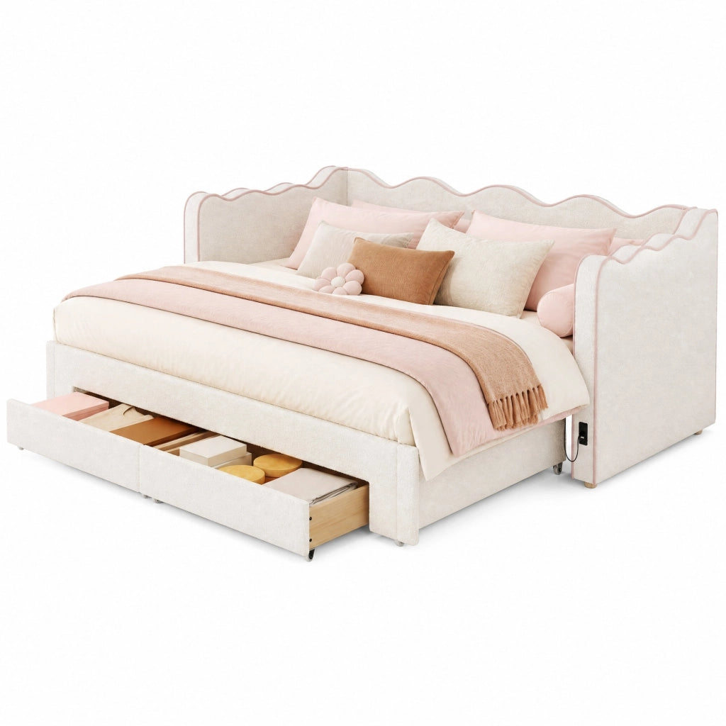 Letto estraibile 90x200 cm con 2 cassetti, USB e USB-C, rivestimento in boucl¨¦ beige