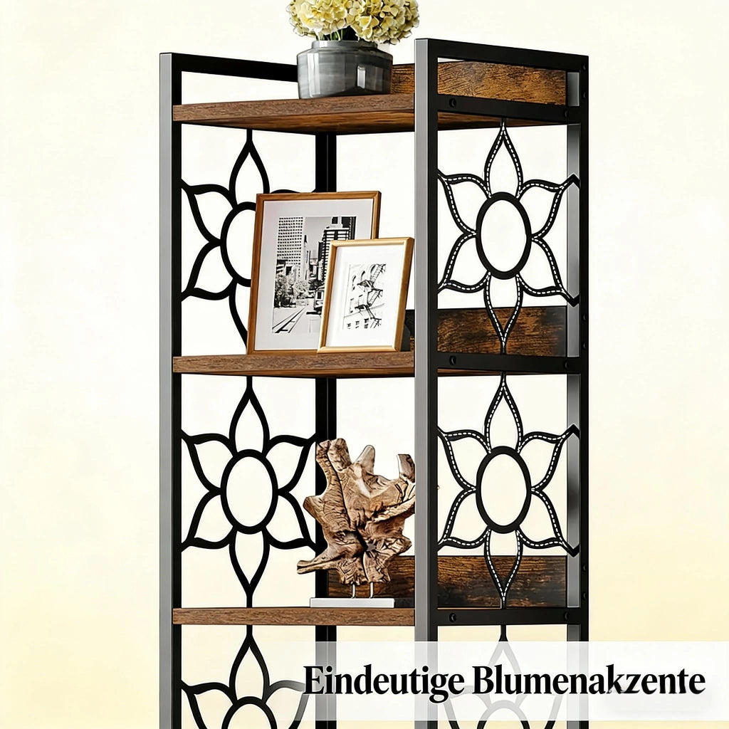 LIBRERIA ANGOLARE A 7 RIPIANI MDF E METALLO NERO/ROVERE RUSTICO