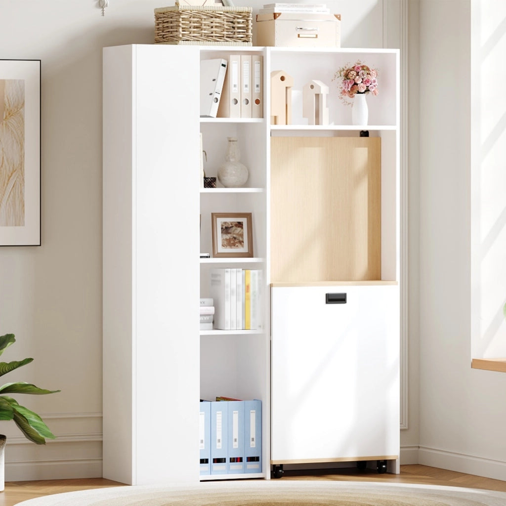 Scrivania pieghevole con libreria presa UE USB ripiani regolabili MDF bianco 104.5 × 30.5 × 160 cm