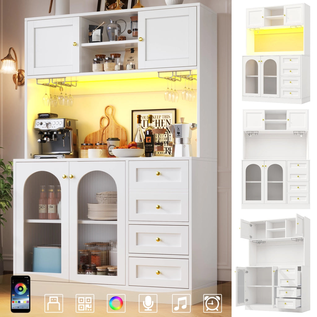 Credenza da cucina con vani; cassetti e ripiani interni; MDF bianco; ante in vetro scanalato e LED 120 × 40 × 188 cm