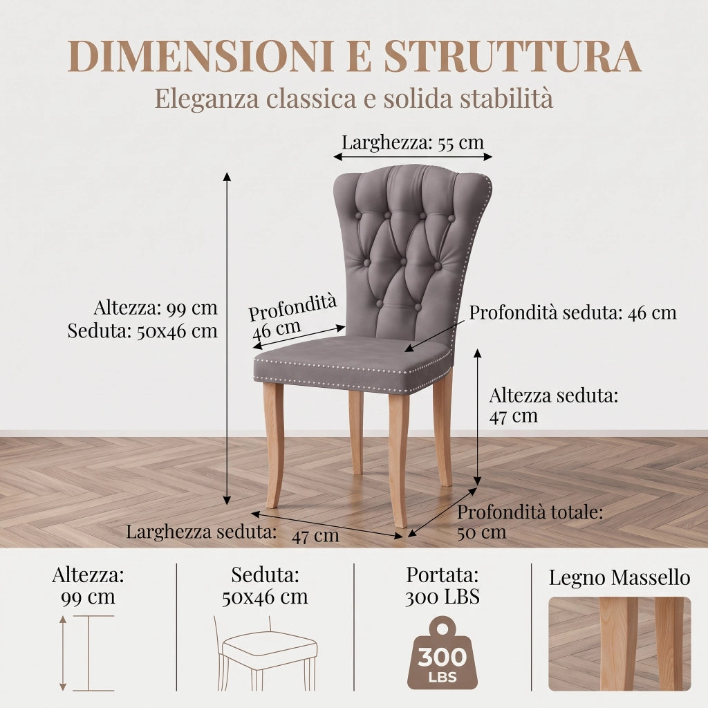 Sedia da sala da pranzo set 2 pezzi con schienale alto ergonomico;47*50*99cm;Legno massello;Velluto;Grigio