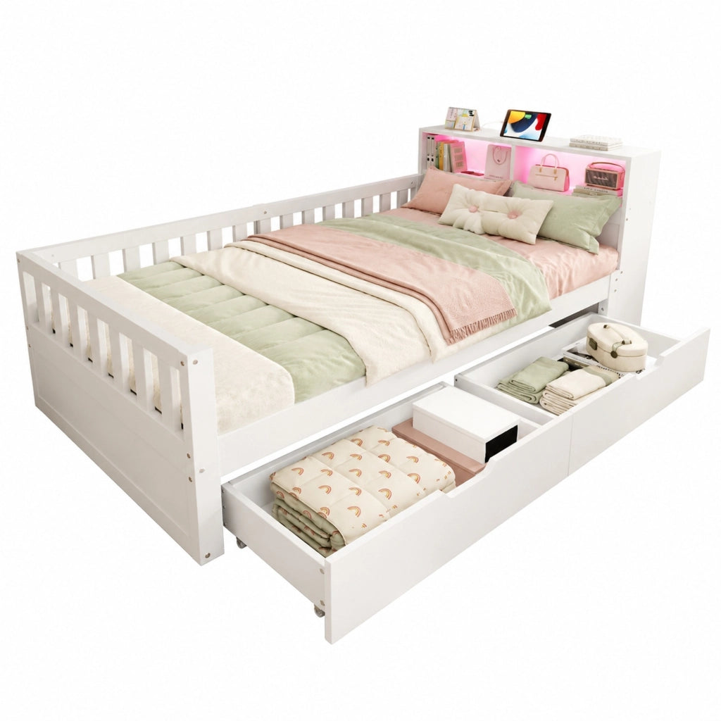 Letto multifunzione singolo con contenitori e LED