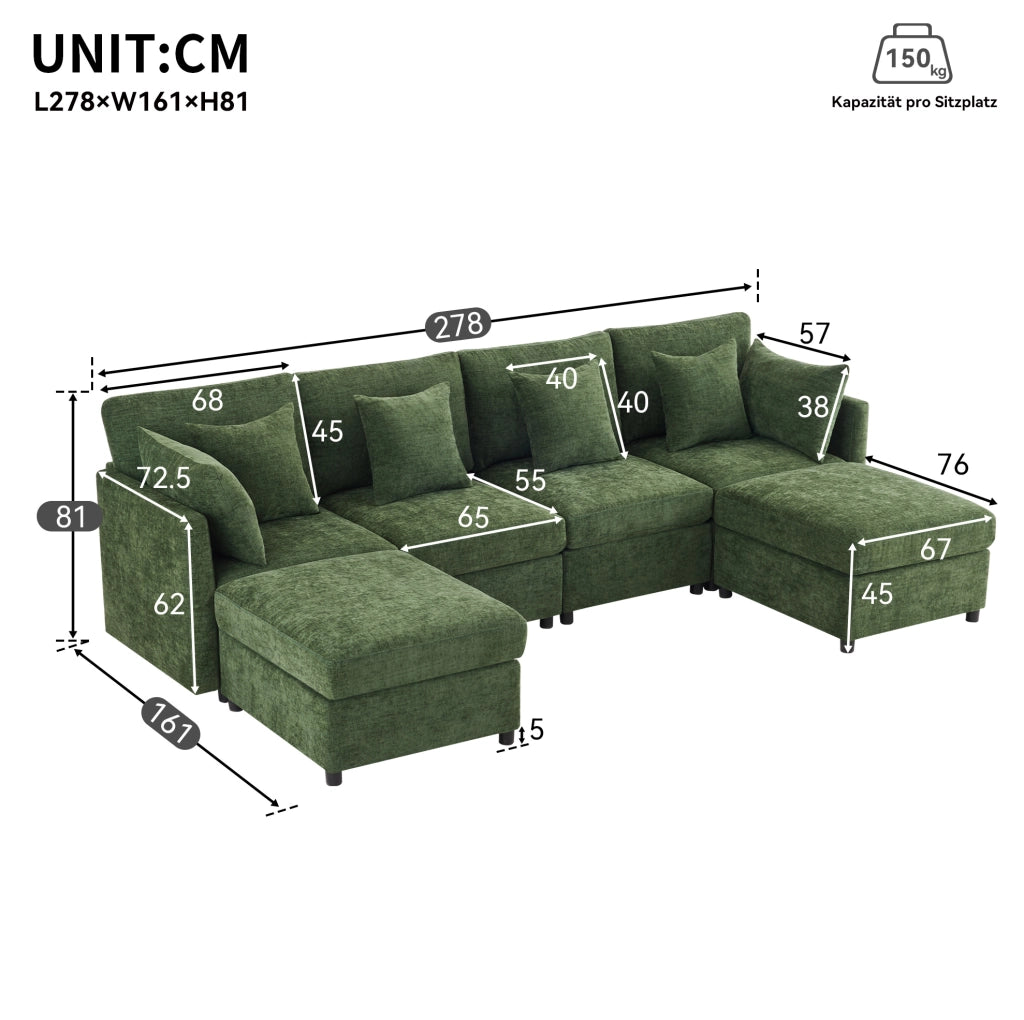 Divano modulare trasformabile in U e L 278x161x81 cm in ciniglia verde