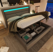 Letto contenitore matrimoniale 160x200 cm in PU con LED e telecomando; grigio