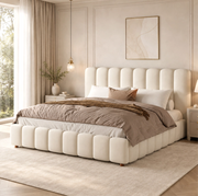 Letto matrimoniale imbottito ULEVR 180x200 cm con contenitore idraulico e rete a doghe, velluto beige