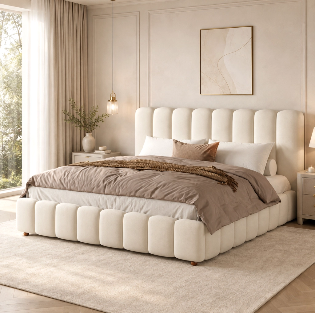 Letto matrimoniale imbottito ULEVR 180x200 cm con contenitore idraulico e rete a doghe, velluto beige