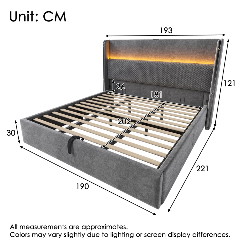 Letto matrimoniale contenitore 180 × 200 cm con testiera alta led usb type-c in lino grigio