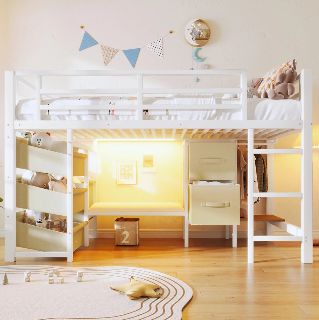 Letto a mezza altezza 90x200 cm con LED multicolore e contenitori in metallo bianco