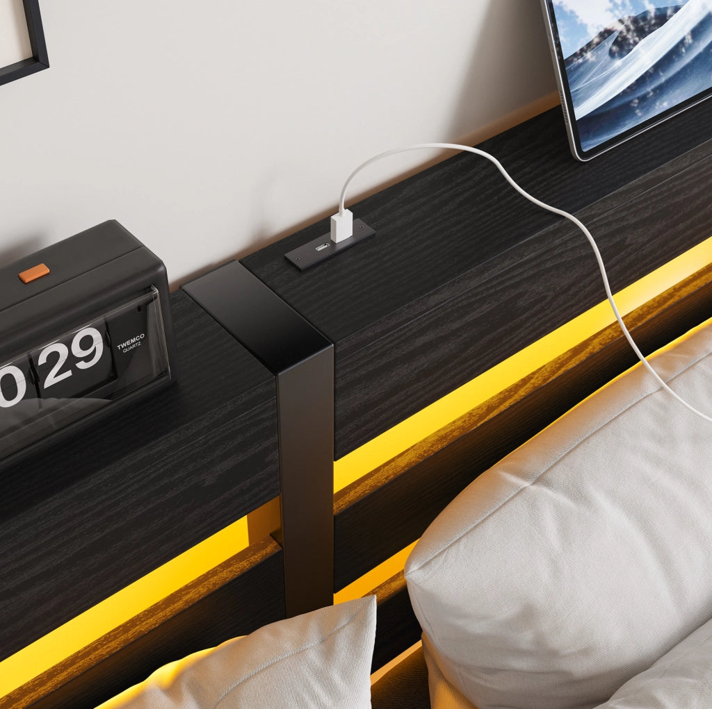 LETTO 140x200 cm in Metallo Nero con LED RGB, USB e spazio sotto letto