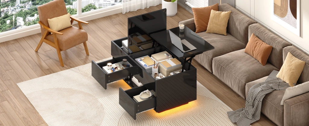 Tavolino da salotto sollevabile nero lucido con luci led 100x45x43 cm