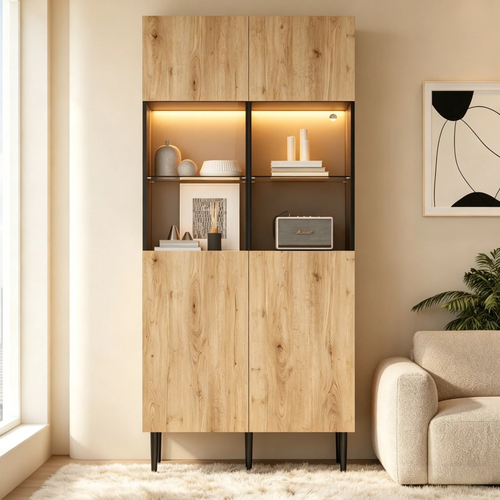 Vetrina alta moderna 80 x 35 x 180 cm con LED; 10 scomparti; MDF nero e naturale