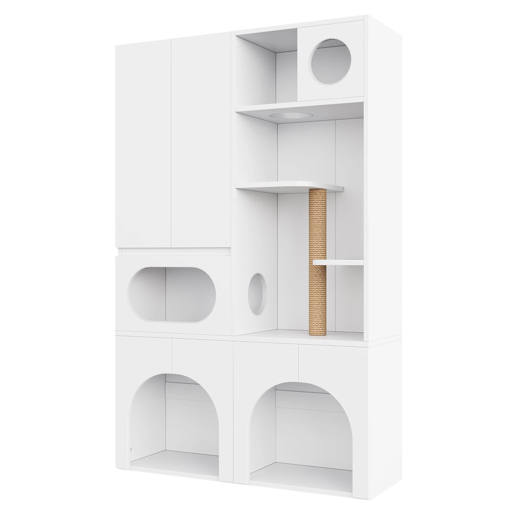 Mobile per lettiere ULEVR 140x45x195 cm per 2 lettiere, con tiragraffi in sisal e zone riposo, bianco