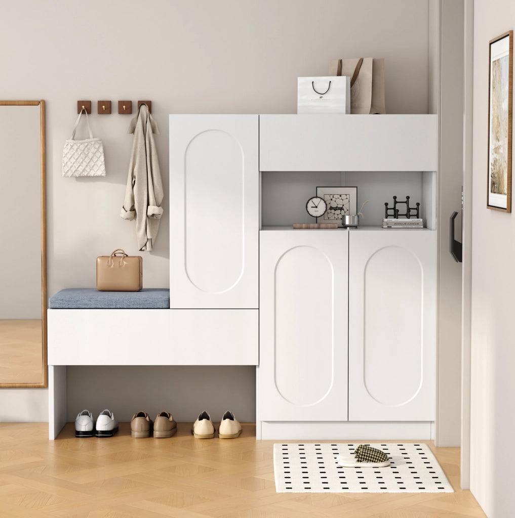 Scarpiera con panca 130x35x110 cm in truciolare; ante soft-close e cuscino grigio