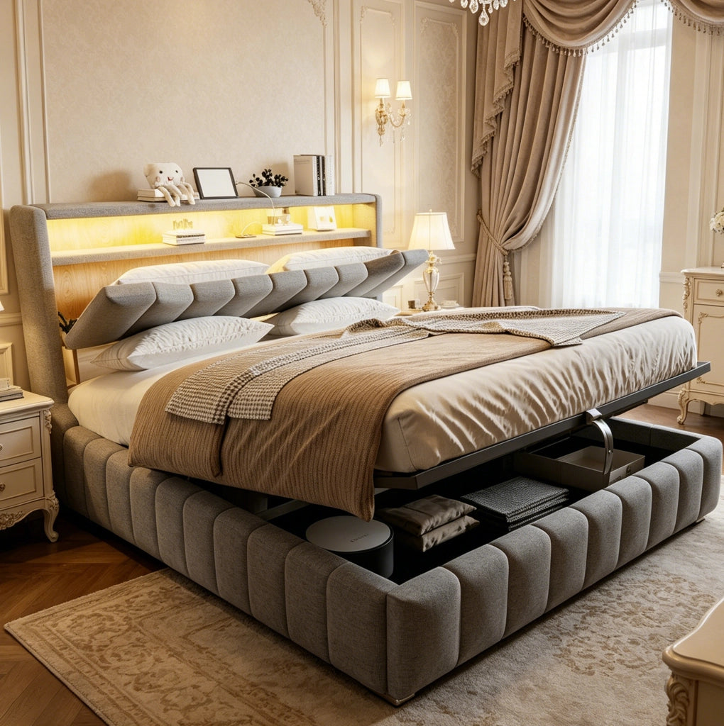 Letto matrimoniale contenitore 180x200 cm imbottito grigio con LED; USB e USB-C HOMVRA