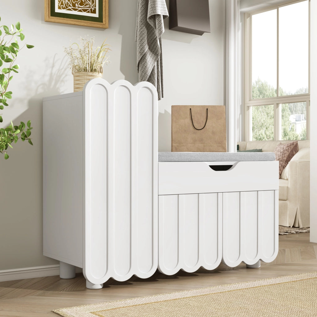 Scarpiera compatta con 3 ante; cassetto e seduta imbottita in MDF bianco per ingresso 90 × 35 × 74.5 cm