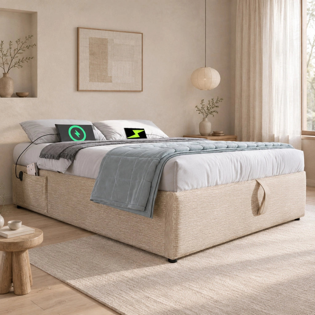Letto matrimoniale contenitore 160x200 cm senza testiera in lino beige e naturale con USB-C HOMVRA