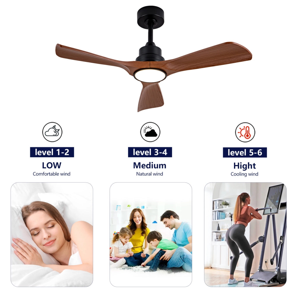 Ventilatore da soffitto ULEVR con luce LED integrata, motore DC reversibile e pale in ABS, nero e noce scuro
