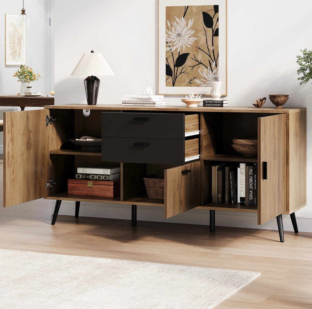 Mobile contenitore in MDF nero e legno con 2 cassetti e 3 ante, 140x35x67 cm