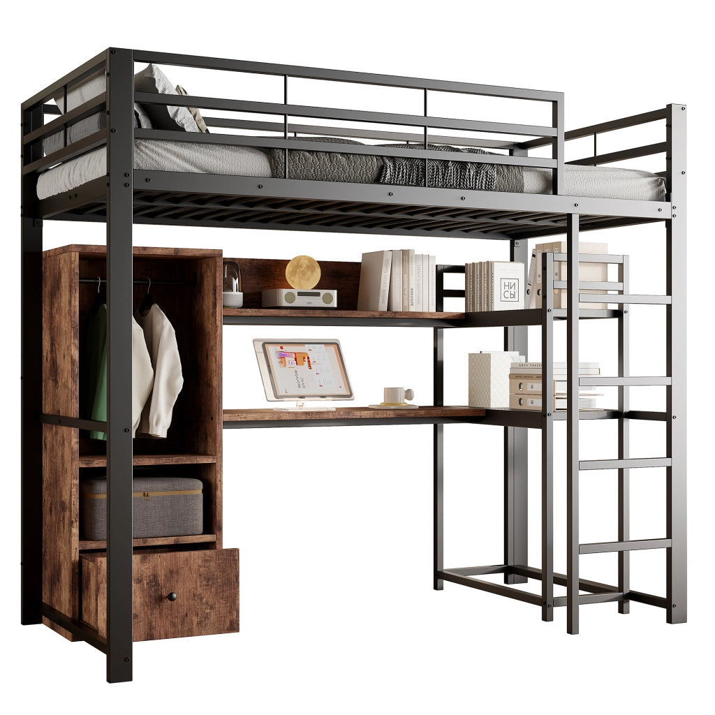 Letto a soppalco 140 × 200 cm con scrivania LED 16 colori cassetto ripiani in metallo e MDF nero