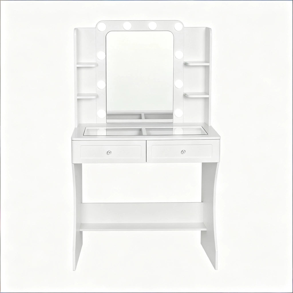 Toeletta con specchio LED tricolore; piano in vetro temperato; 2 cassetti e 4 vani aperti bianca 80 × 135 × 40 cm
